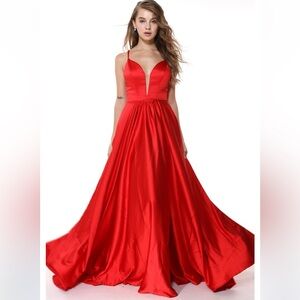 Ava Presley Formal Gown Size 14 -Red Satin Plunge Neckline Evening/Prom Dress